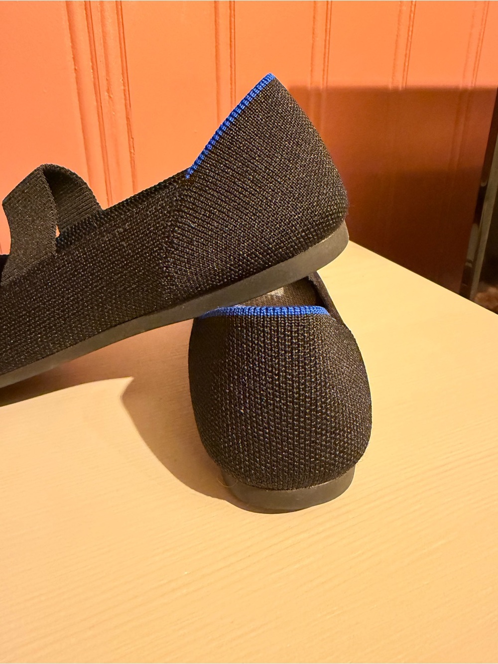 Rothy's Black Pointed Knit Flats with Elastic Strap and Blue Trim - Picture 3 of 4